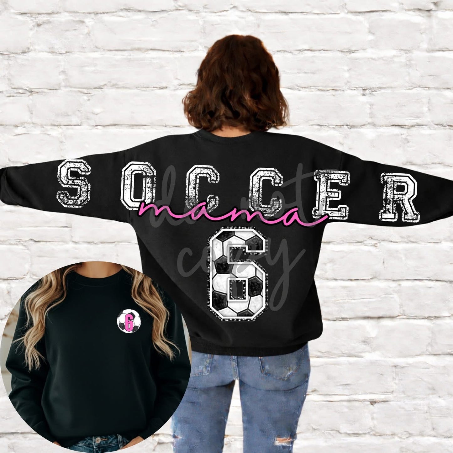 Custom Sports Mama Across the Back & Front pocket DTF Transfer “Leave Custom info in checkout notes- number, name for pocket, for cheerleading- 2 colors and glitter or no glitter on the Pom”