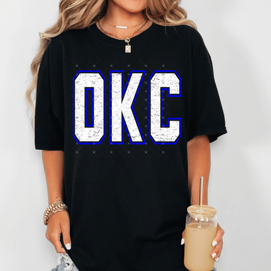 White OKC w/ Blue Outline Distressed DTF Transfer