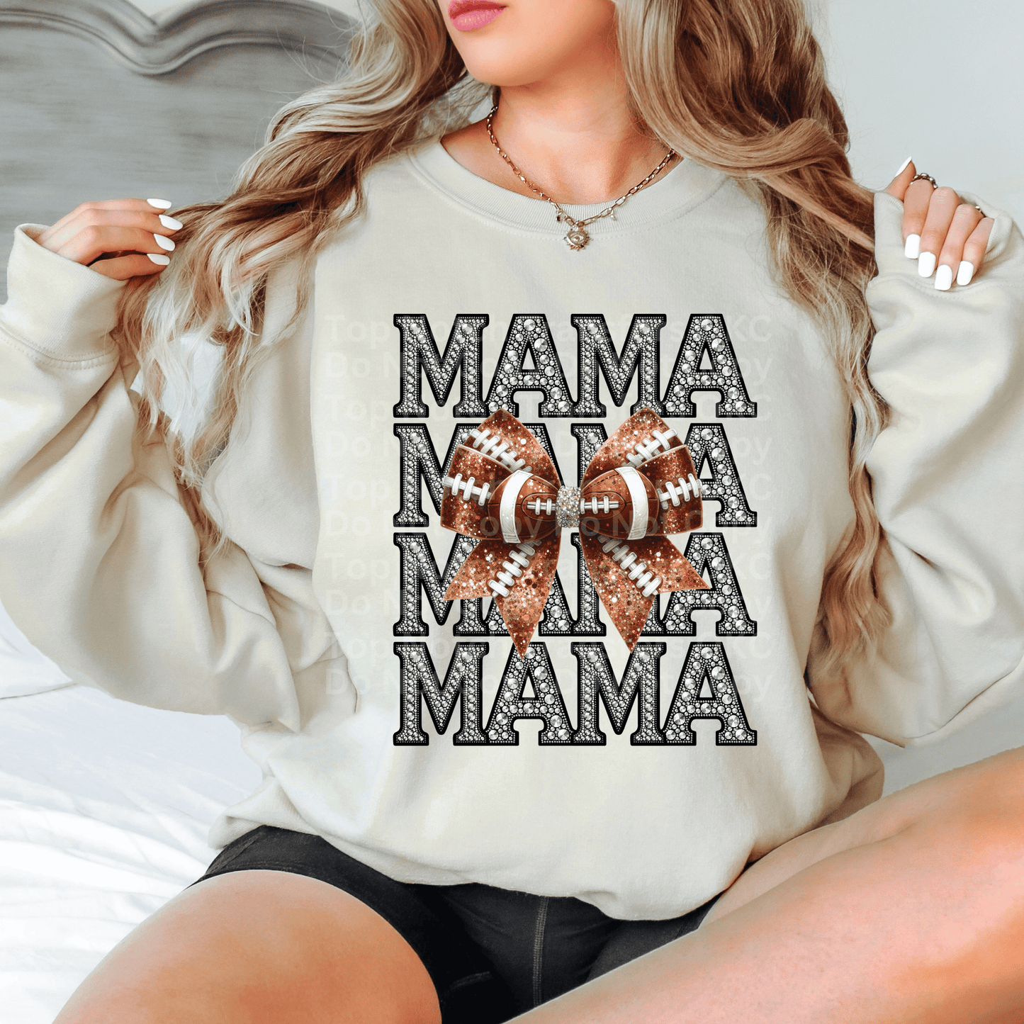 Mama Football Bow Faux Rhinestones DTF Transfer