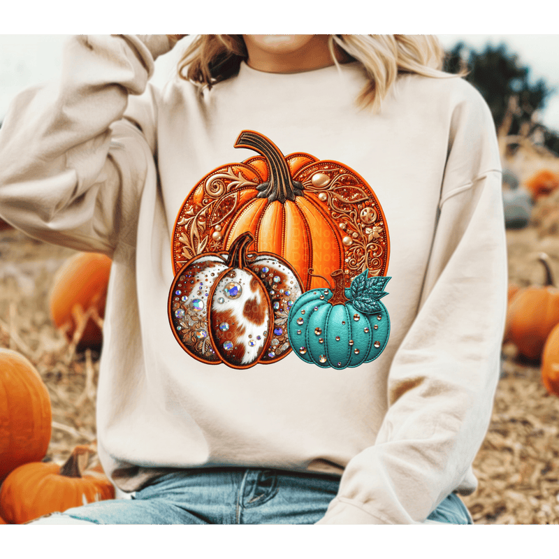 Cowhide/Turquoise/ Orange Pumpkins Faux Sequin/Embroidery DTF Transfer