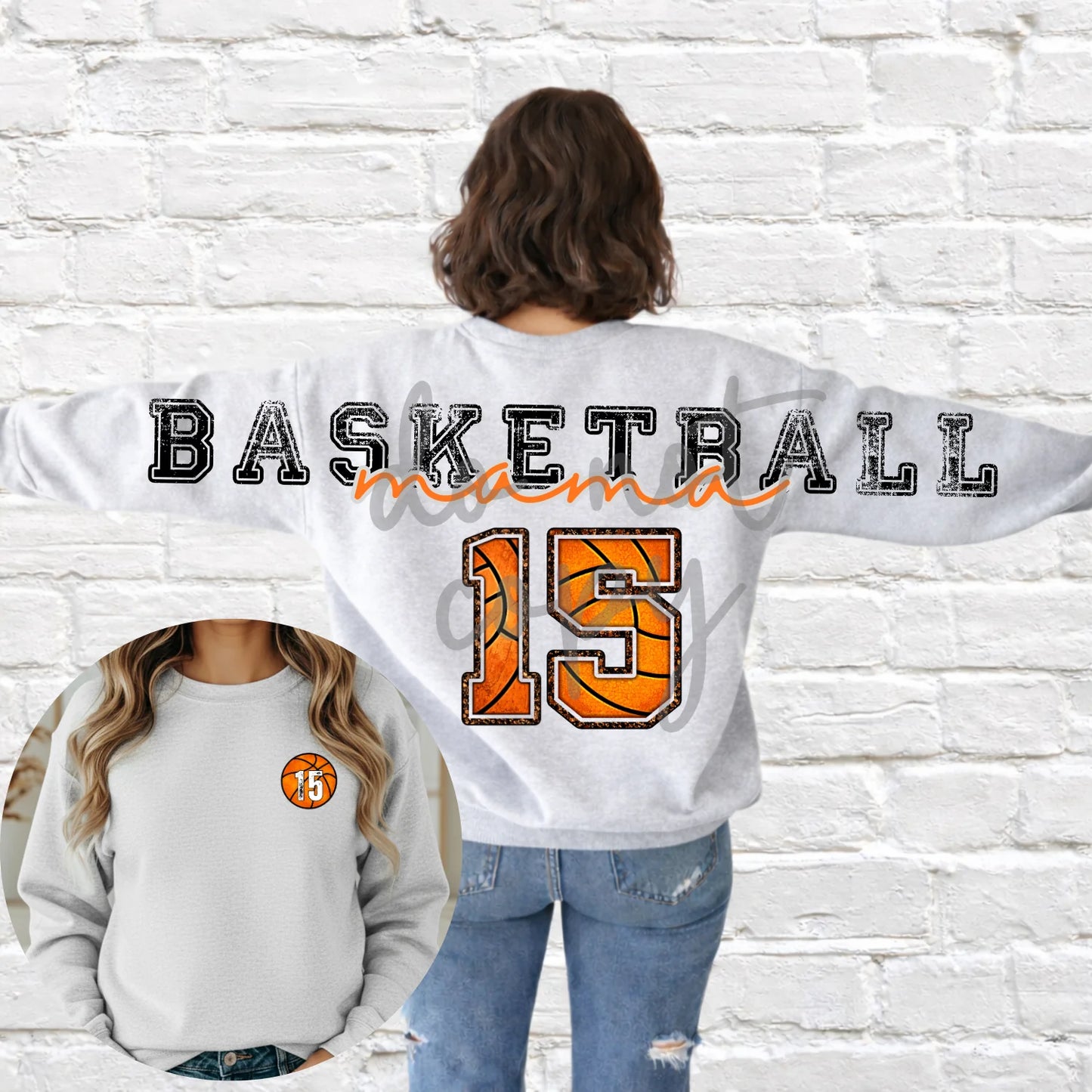 Custom Sports Mama Across the Back & Front pocket DTF Transfer “Leave Custom info in checkout notes- number, name for pocket, for cheerleading- 2 colors and glitter or no glitter on the Pom”