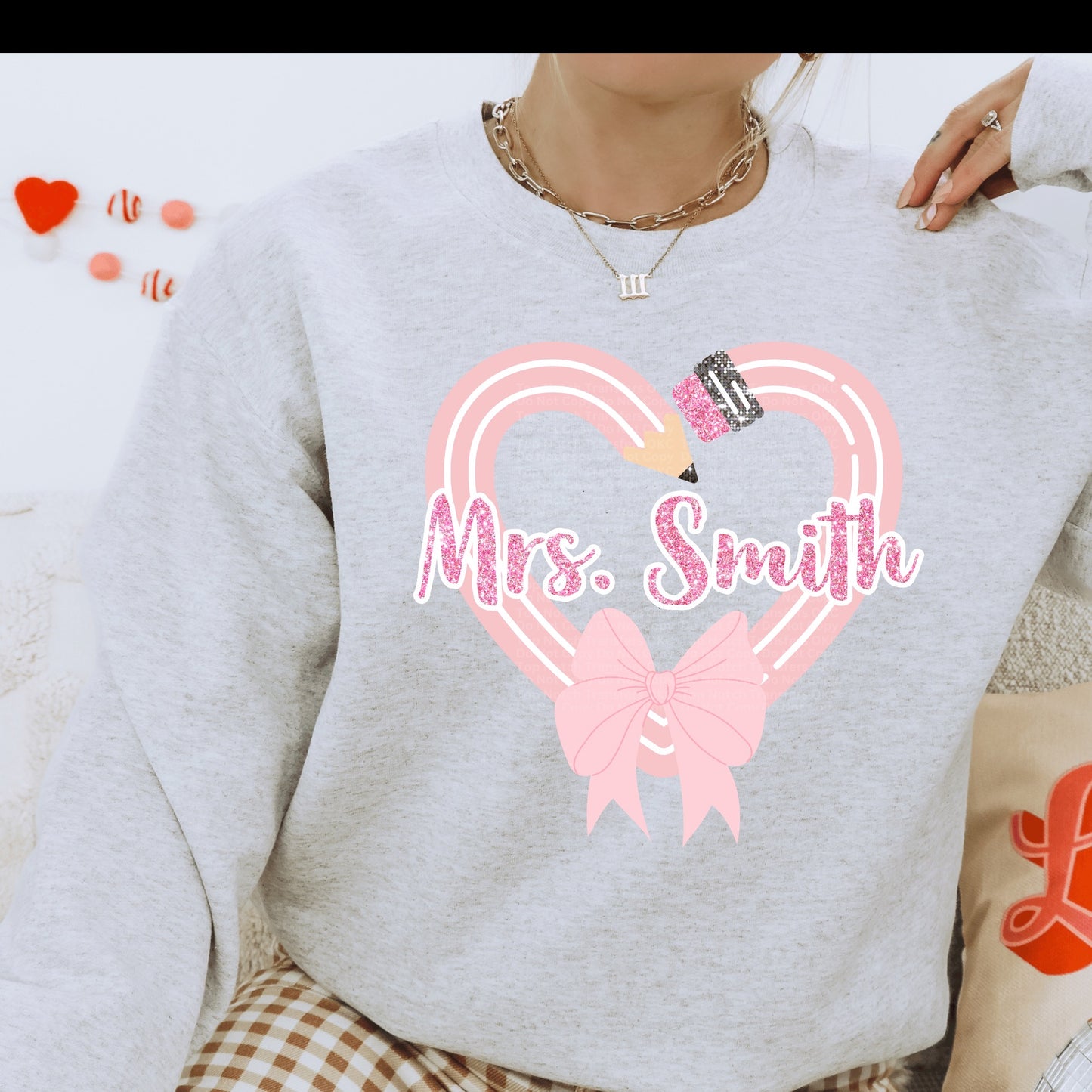 Custom Valentine’s Pencil Heart Bow w/ Name Design 2 DTF Transfer