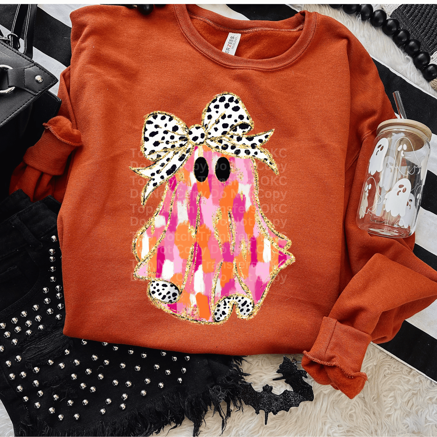 Pink watercolor Ghost 2 w/ Dalmatian Bow DTF Transfer