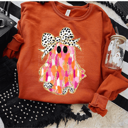 Pink watercolor Ghost 2 w/ Dalmatian Bow DTF Transfer