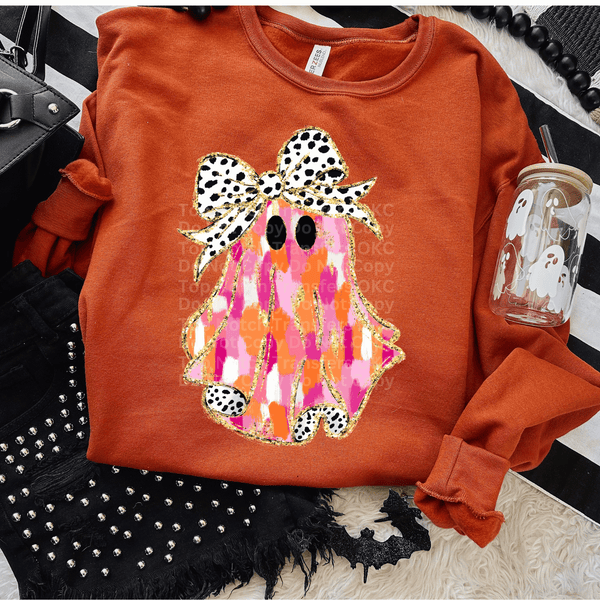 Pink watercolor Ghost 2 w/ Dalmatian Bow DTF Transfer