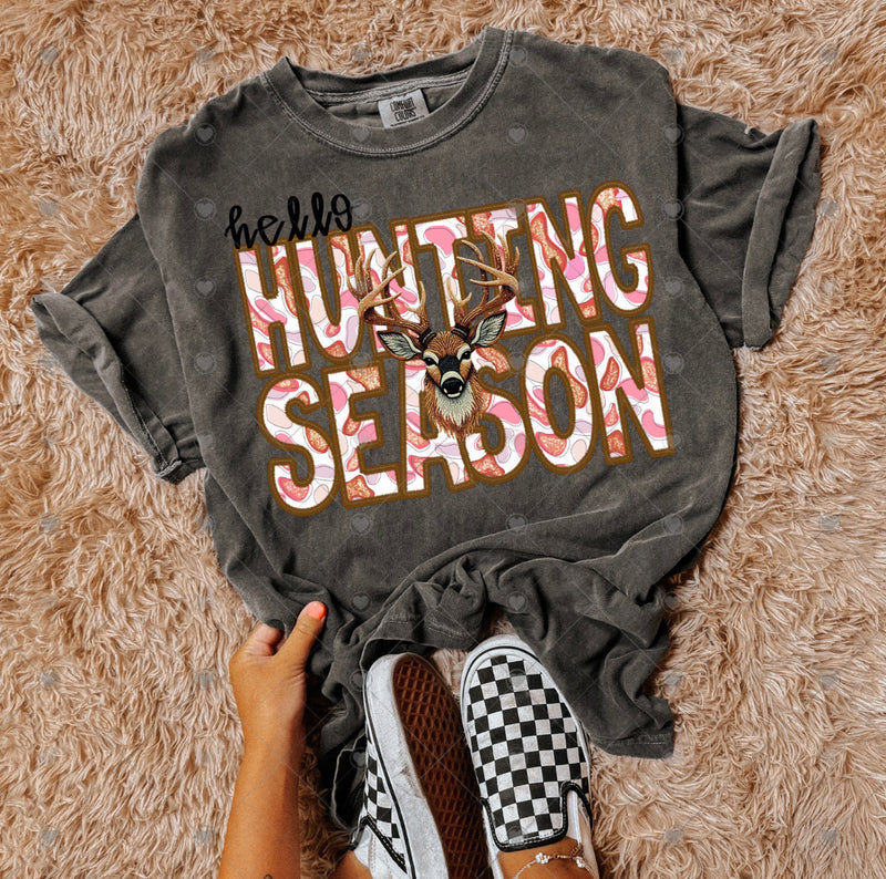 Hello Hunting Season Faux Embroidery Pink DTF Transfer