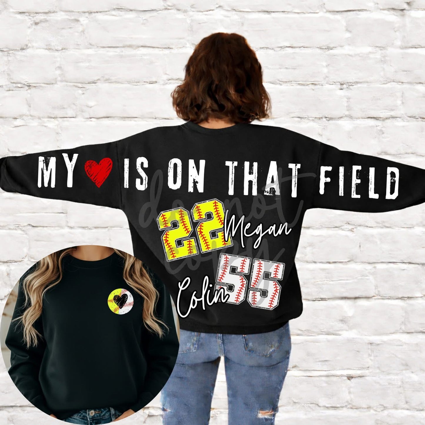 My Heart Is On That Field”Across the Back & Front pocket DTF Transfer “Leave Custom info in checkout notes- number, name, softball or baseball on orders that have both”