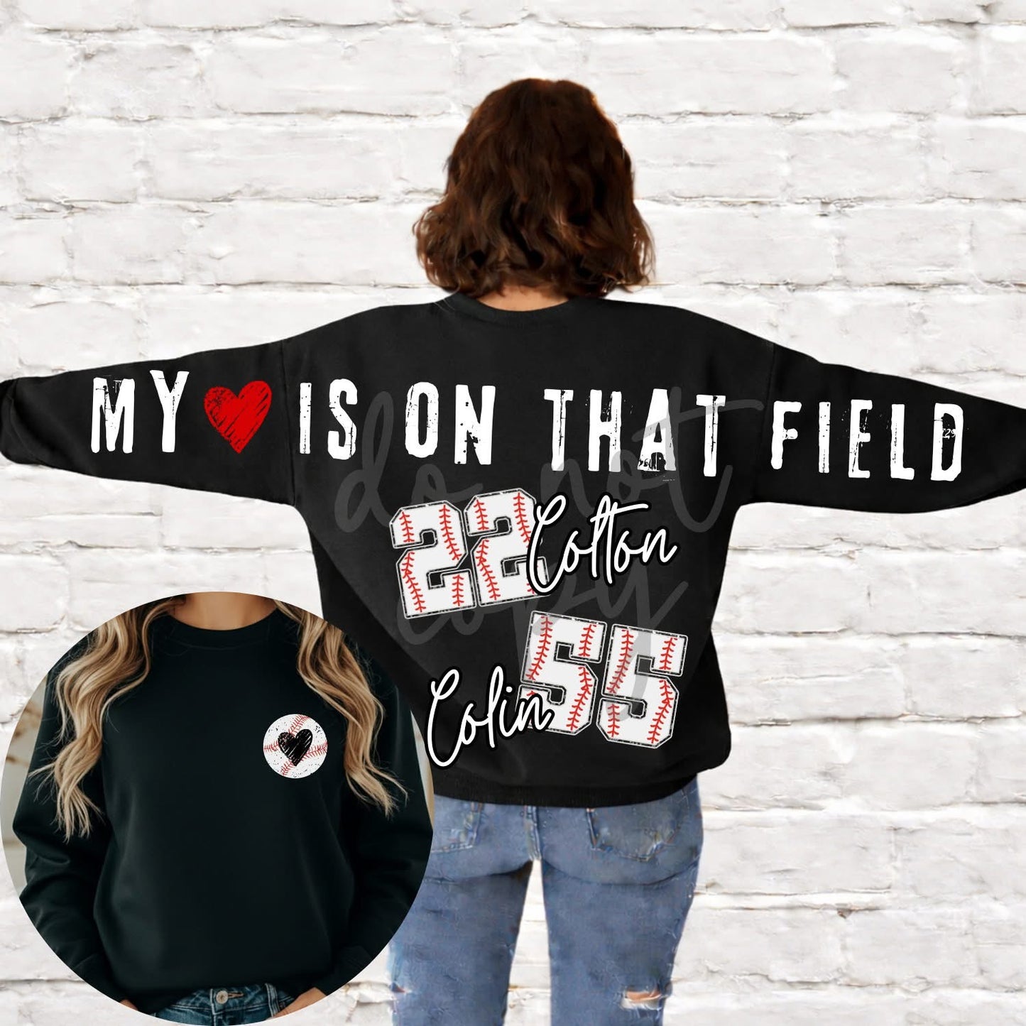 My Heart Is On That Field”Across the Back & Front pocket DTF Transfer “Leave Custom info in checkout notes- number, name, softball or baseball on orders that have both”