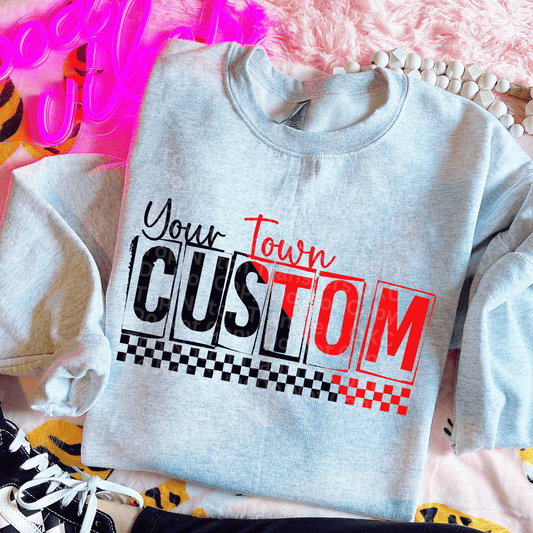 Custom Block/Checkered Mascot DTF Transfer (*Put school/town name, mascot, colors/hex codes, glitter, half glitter or no glitter in checkout notes)