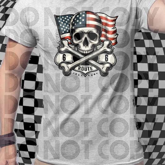 Route 66 Skull & American Flag DTF Transfer