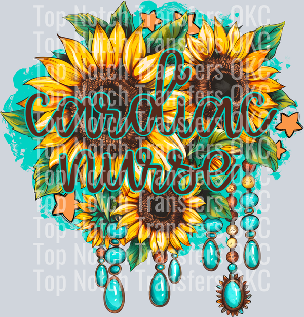 Cardiac Nurse Sunflowers and Turquoise DTF Transfer