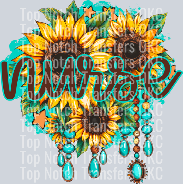Nurse Sunflower and Turquoise DTF Transfer